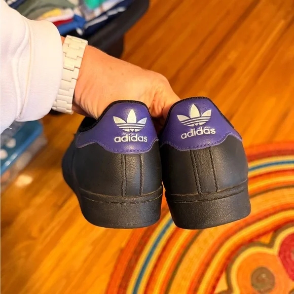 adidas Black Leather Sneakers with Purple Stripes - Picture 2 of 3